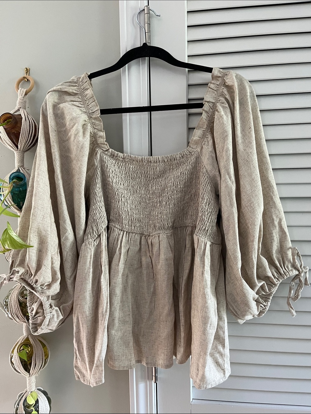 Smocked Square-Neck Peasant Blouse in Light Beige